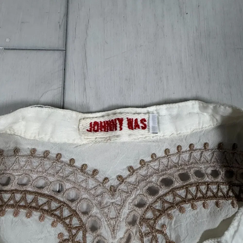 Johnny Was Tunic Blouse Womens Large White Lace Embroidered Sheer Boho Top - Picture 2 of 16